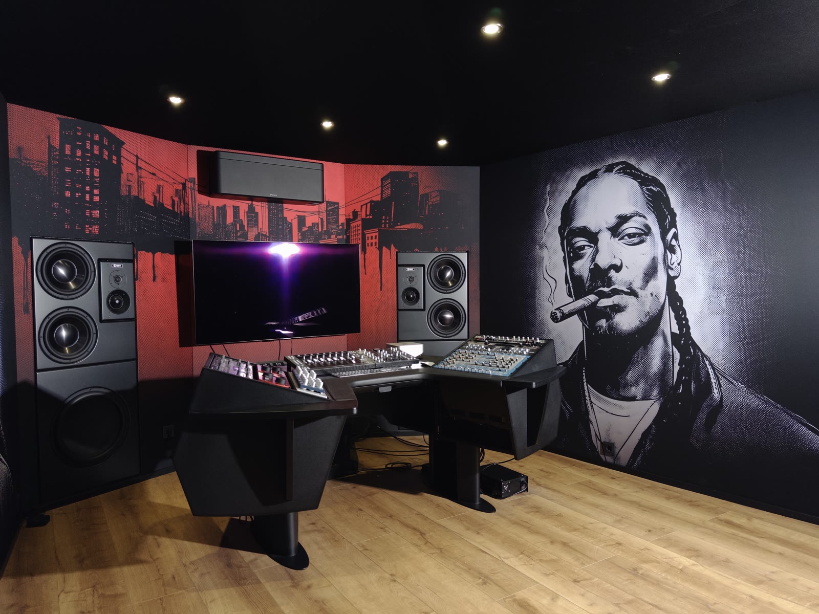 Right side of the room: portrait mural on acoustically transparent fabric, speaker stacks and the workstation wings.