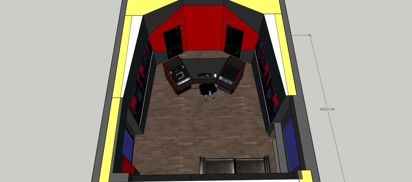 3D design model of the MMA Studios control room: angled red monitor wall with flush-mounted main speakers, workstation position and acoustic panel layout, planned before construction.